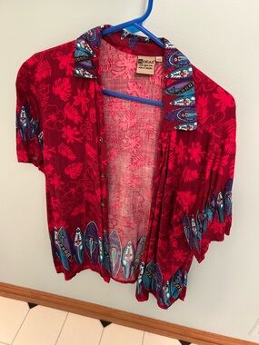 Ingear Red Hawaiian Button Cardigan with Blue Surfboard Accents